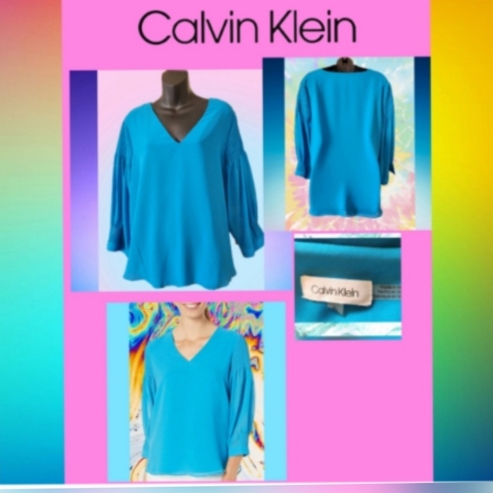 CALVIN KLEIN BLUE V-NECK DESIGNER BLOUSE SIZE XL - Picture 6 of 6